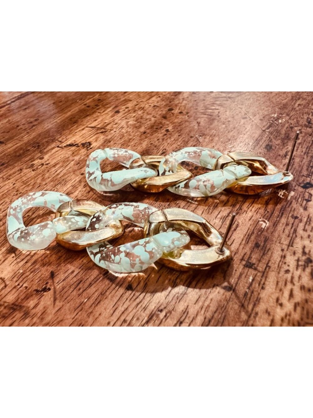 Chunky Gold & Resin Link Drop Earrings Lightweight Statement Jewelry Abstract Sp - Picture 3 of 3